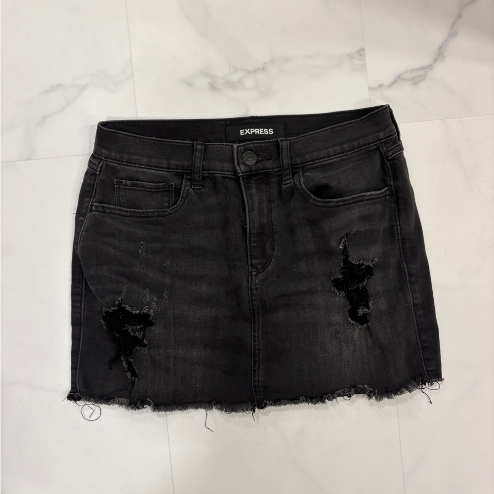 Express Black Distressed Denim Skirt
